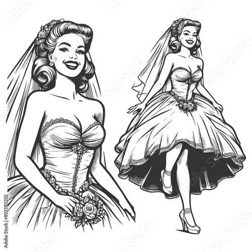 Happy bride sketch engraving generative ai fictional character vector illustration. Scratch board imitation. Black and white image.