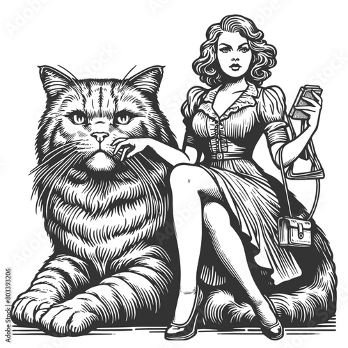 elegant lady in a classic dress, affectionately petting her large, majestic cat sketch engraving generative ai fictional character vector illustration. Scratch board imitation. Black and white image.