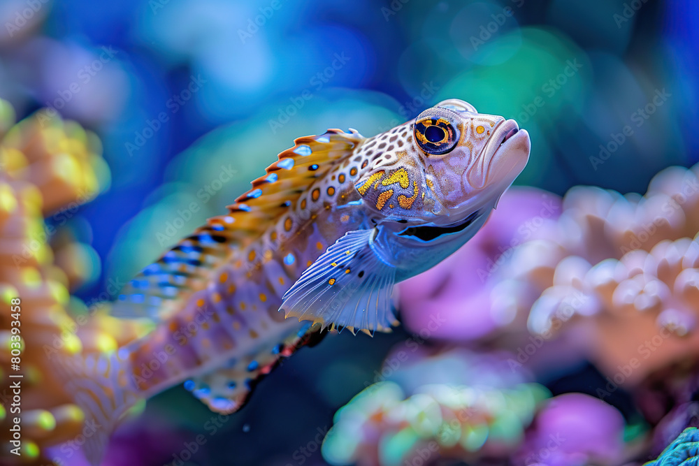 Jawfish in aquarium with blue water and corals