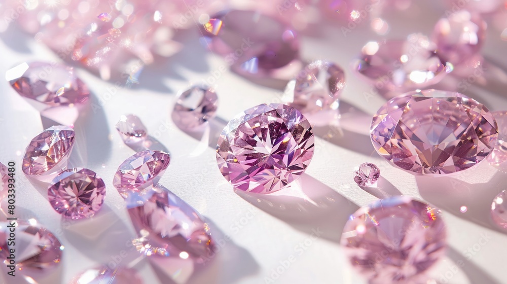 Assortment of pink diamonds in various cuts displayed on a pristine white surface, high contrast lighting, focus on gem quality Assortment of pink diamonds in various cuts displayed on a pristine white surface, high contrast lighting, focus on gem quality