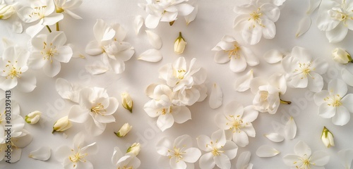 An array of delicate  white jasmine flowers  their petals open and inviting  scattered loosely across a soft  dove gray background.