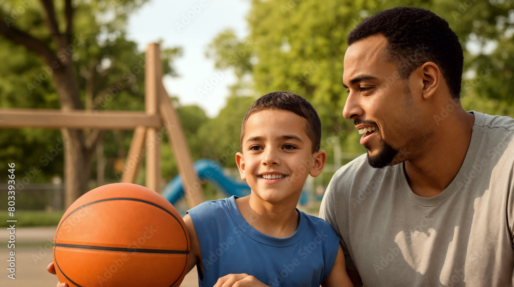 Black african american man and young boy playing basketball on a court, father and son spending time together on sunny day, family bond, relationships