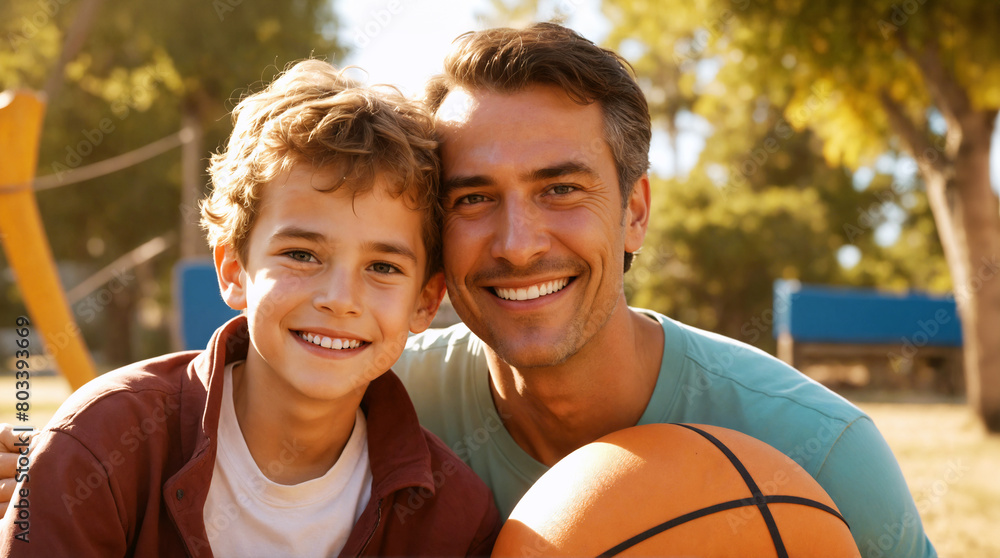 White caucasian man and young boy playing basketball on a court, father and son spending time together on sunny day, family bond, relationships