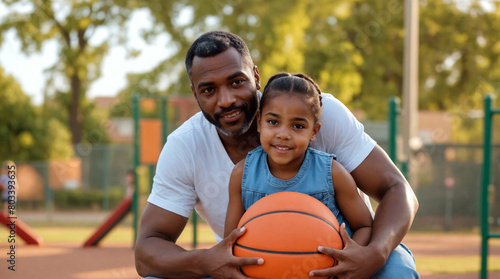 Black american man and young girl playing basketball on a court, father and daughter spending time together on sunny day, family bond, relationships