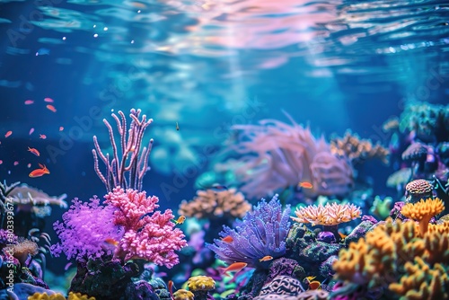 Aquarium with corals, reefs and blue water