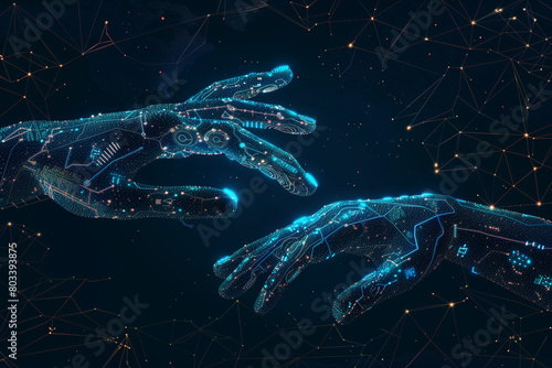 AI, Machine learning, Hands of robot, blue background, futuristic with connecting dots and lines. High quality photo