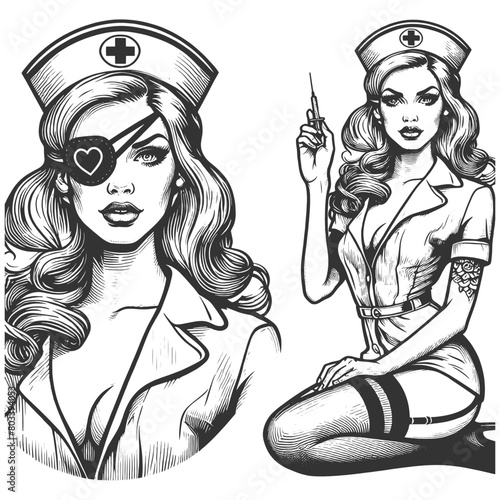 retro nurse with an eye patch, holding a cigarette vintage rebel attitude sketch engraving generative ai fictional character vector illustration. Scratch board imitation. Black and white image.