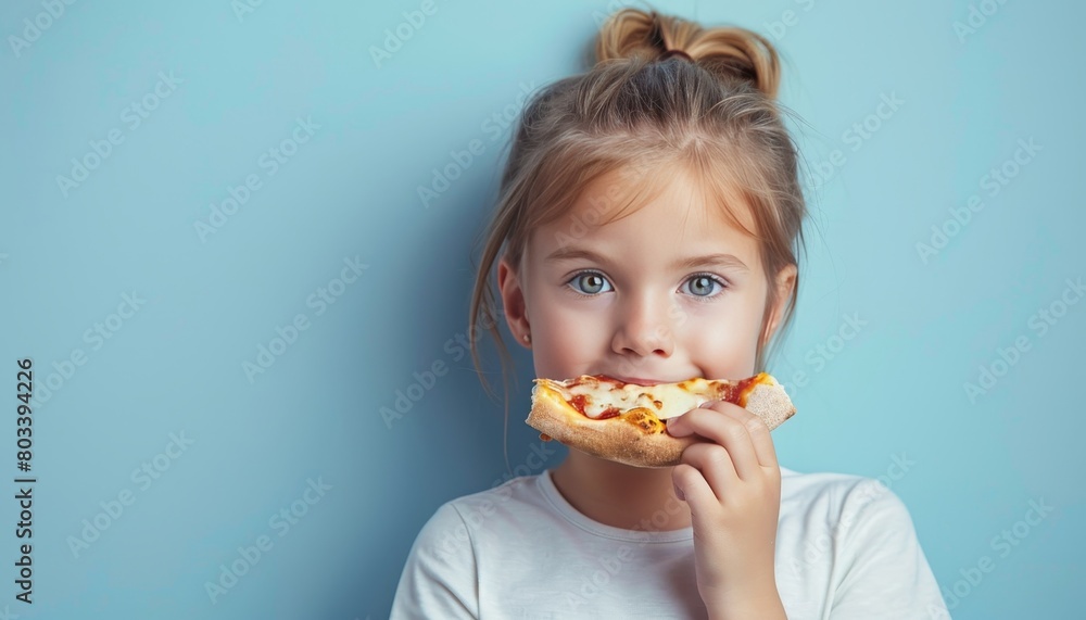 Charming girl savoring pizza on pastel background with ample space for text placement Charming girl savoring pizza on pastel background with ample space for text placement