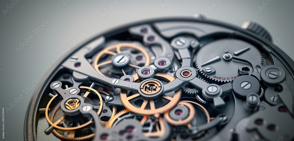 A close-up of a complex, mechanical watch movement, its gears and springs meticulously arranged, set against a gradient gray background.