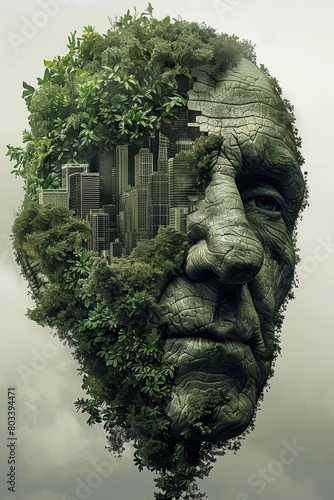 Futuristic eco cityscape with green energy, human head merging technology and plants on mountain © Ilja