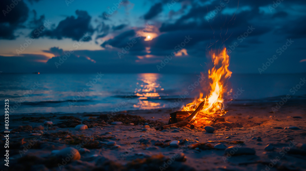 A beachside campfire crackles under a moonlit sky, casting a warm glow on the sandy shore dotted with pebbles, evoking a tranquil, reflective ambiance.