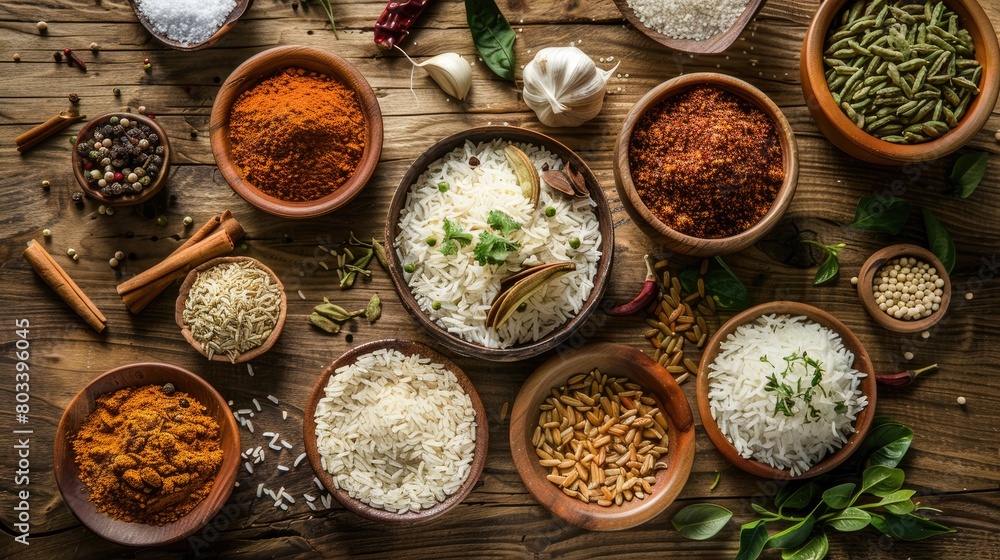 Indian recipes, showcasing vibrant spices, aromatic rice, and mouthwatering dishes arranged on a rustic wooden table. Indian recipes, showcasing vibrant spices, aromatic rice, and mouthwatering dishes arranged on a rustic wooden table.