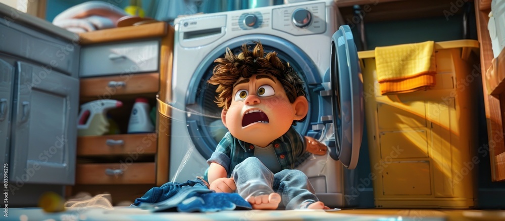 Curious Young Boy Hiding in a Surreal Running Washer A D Rendering
