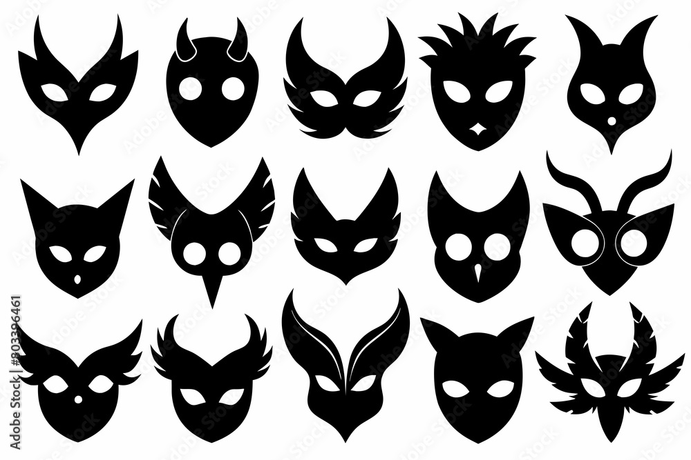 A Set of 27pcs different masquerade mask black Silhouette Design with white Background and Vector Illustration A Set of 27pcs different masquerade mask black Silhouette Design with white Background and Vector Illustration