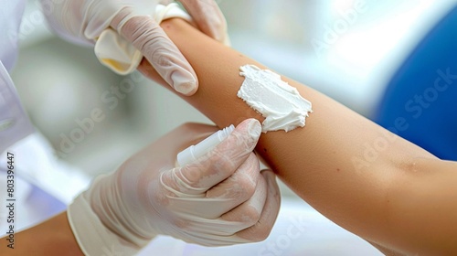Detailed image of a dermatologists hand demonstrating the application of a vitaminrich cream on a patients arm, clinical setting , super detailed