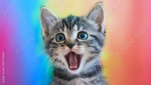 Funny kitten with a surprised expression on a rainbow background. A shocked tabby kitten with its mouth open. Funny animals concept. High quality 4k footage