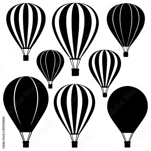 A Set of 27pcs hot air balloons black Silhouette Design with white Background and Vector Illustration