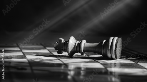 Dramatic black and white image of a fallen king chess piece, symbolic of defeat or strategy, with a stark shadow