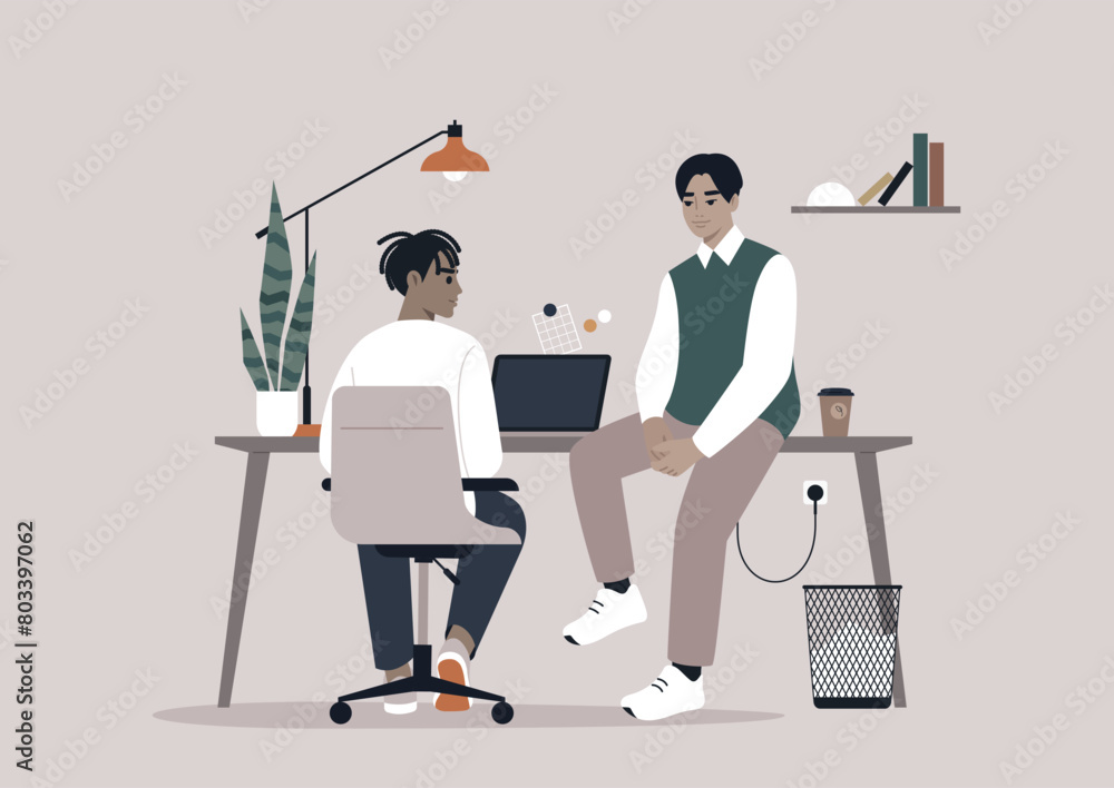 Casual Colleague Conversation in a Modern Workspace, Two employees engage in a relaxed chat amidst their minimalist office environment Casual Colleague Conversation in a Modern Workspace, Two employees engage in a relaxed chat amidst their minimalist office environment