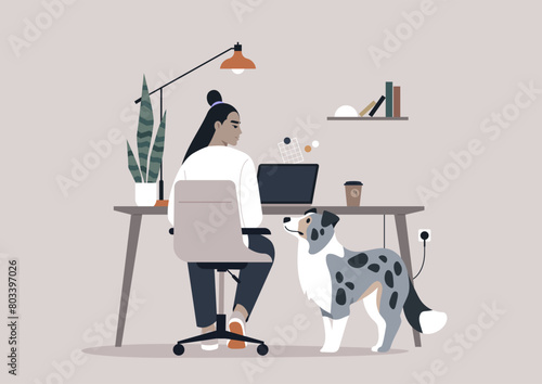 A Serene Afternoon in the Home Office With a Loyal Border Collie, A person works at a desk accompanied by a dog seeking for attention