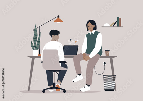 Casual Colleague Conversation in a Modern Workspace, Two employees engage in a relaxed chat amidst their minimalist office environment