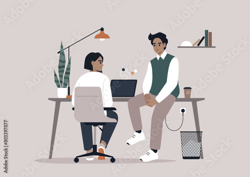 Casual Colleague Conversation in a Modern Workspace, Two employees engage in a relaxed chat amidst their minimalist office environment