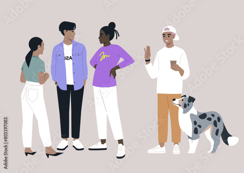 making new friends, Casual Encounter Among New Acquaintances and a Friendly Pup, Four individuals engaging in conversation with a playful dog beside them