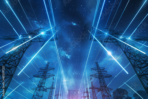 Landscape with power lines and Night sky photo