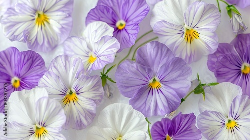 pastel purple and white flowers in a close-up shot against a soft, white background, with a dreamy composition bathed in gentle light © lililia