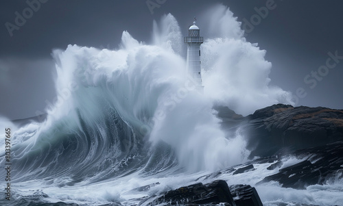 Onda gigantesca che si infrange sugli scogli dove c'è un faro. photo