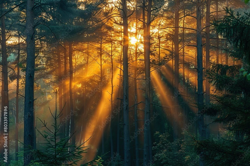 Fototapeta premium Sunrise and sunrays over the green forest