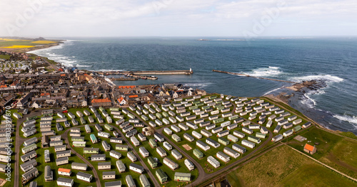 Aerial view of large holiday caravan park in Seahouses town on the Northumberland coast