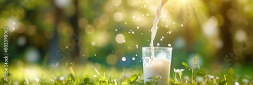Milk flows into a glass against a background of blurred trees and grass photo