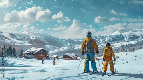 A man and a woman in overalls for skiing at a ski resort. hyper realistic  photo