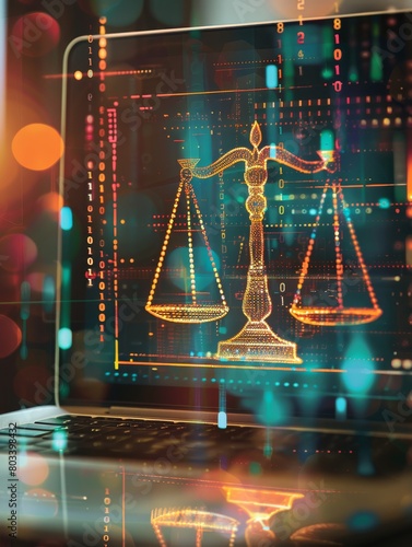 a laptop screen displays digital scales surrounded by glowing data streams, symbolizing the intersection of artificial intelligence and justice in law 