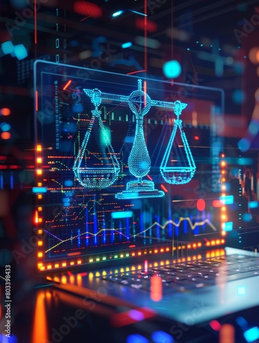a laptop screen displays digital scales surrounded by glowing data streams  symbolizing the intersection of artificial intelligence and justice in law 