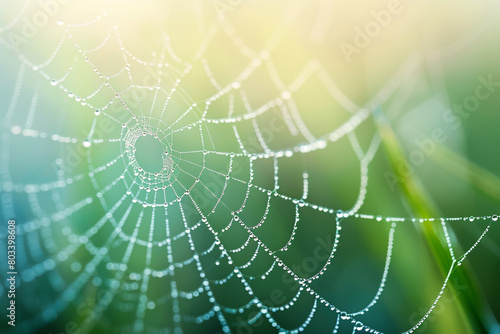 A close-up of dewdrops on a delicate spiderweb glistening in the morning light