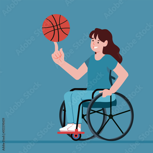 A girl in a wheelchair plays basketball. Disabled person spins a basketball on his finger. Concept. Exercise for people with disabilities. Flat vector illustration.