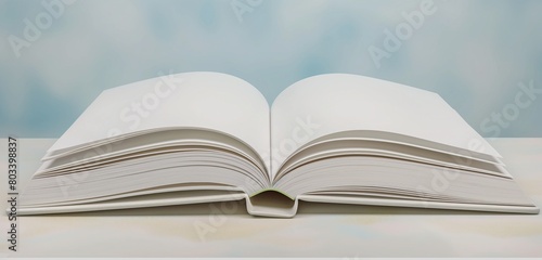 A panoramic shot of an elegant, open hardcover book, its pages inviting and blank, against a muted, pastel blue presentation background.