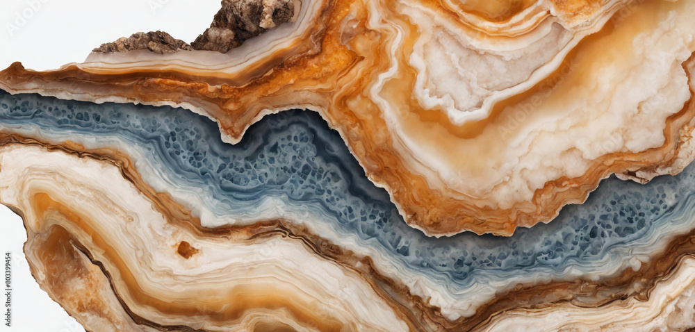 The intricate layers and patterns of an agate stone, revealing a mix of earthy tones and grays, accentuated by bands of white. The texture is smooth with concentric patterns emanating from the core.