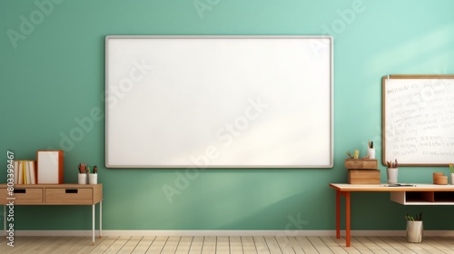 electronic  white school board on a green wall ,