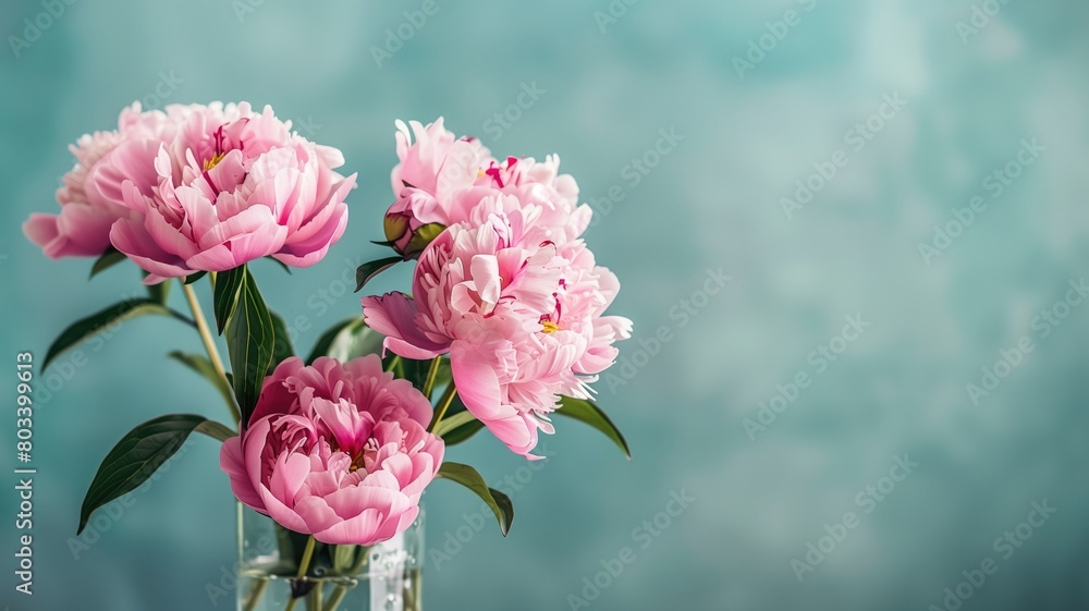 A close-up of vibrant pink peonies in a clear vase. A close-up of vibrant pink peonies in a clear vase.