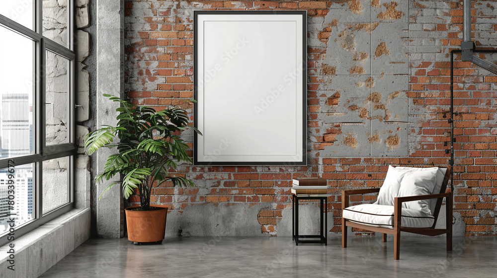 a mockup showcasing a poster frame in an industrial loft interior with exposed brick walls and concrete floors a mockup showcasing a poster frame in an industrial loft interior with exposed brick walls and concrete floors