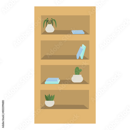 School wardrobe, furniture with books and plants. Back to school edition, flat vector