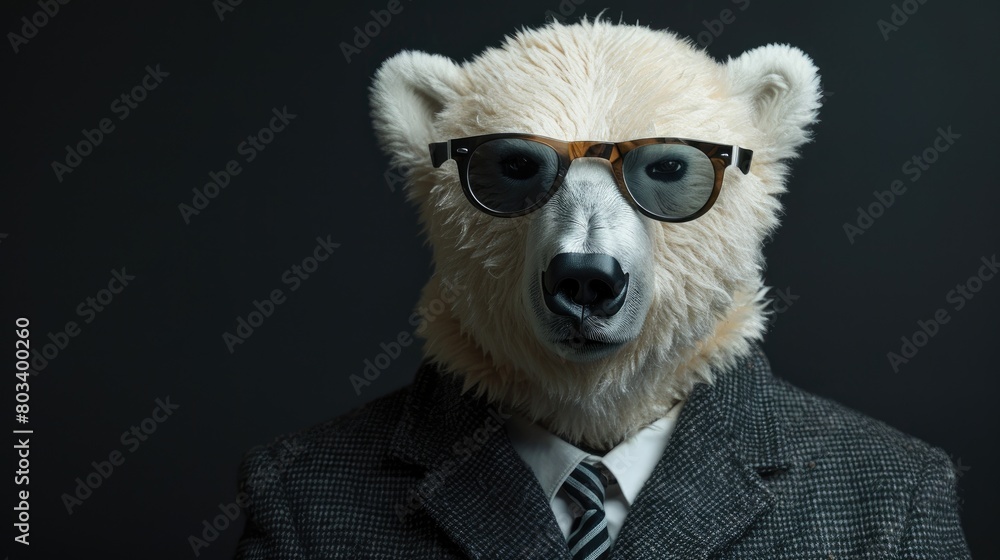 a cool-looking polar bear wearing sunglasses, a suit, and tie against a dark background, with ample copy space on the side for text or graphics. a cool-looking polar bear wearing sunglasses, a suit, and tie against a dark background, with ample copy space on the side for text or graphics.