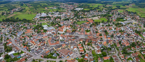 Aerial view around the old town of the city Geisenfeld in Germany on a cloudy day in Spring