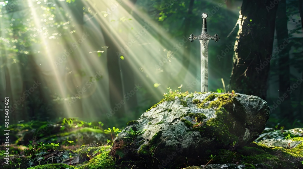Sword in the stone on mossy rock, enchanted forest background with rays of sunlight. AI generated illustration