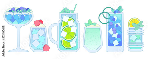 Cocktails set. Soft drinks with berries, ice cubes, grapefruit, kiwi. Margarita cocktail. Fruit lemonade. Alcohol drink for bar. Non-alcoholic beverage. Flat vector illustration with outline, gradient