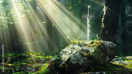 Sword in the stone on mossy rock, enchanted forest background with rays of sunlight. AI generated illustration