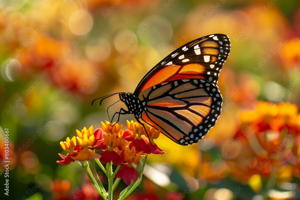 Fototapeta premium A close-up of a sunlit butterfly perched on a vibrant flower.